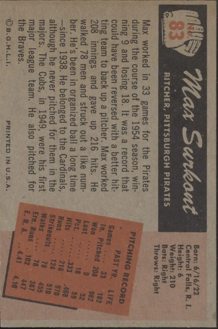 Max Surkont 1955 Bowman #83 Pittsburgh Pirates VG - Image 2