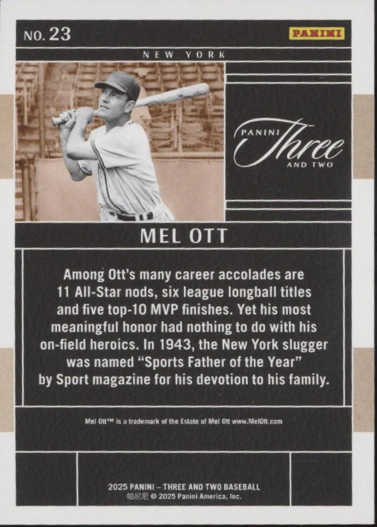 Mel Ott 2025 Panini Three & Two Gold Foil 02/10 #23 - Image 2