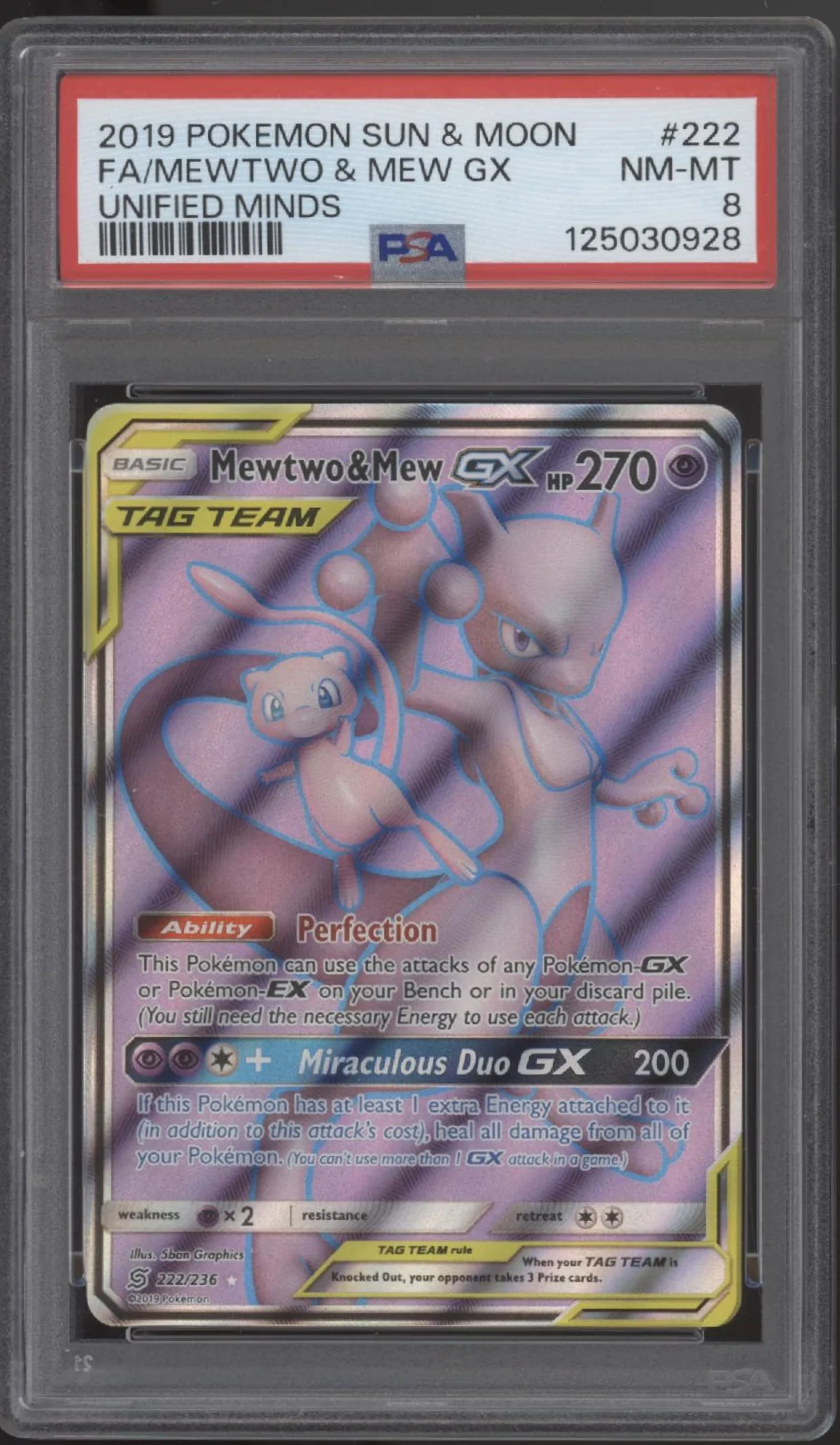 Mewtwo & Mew GX Pokemon Unified Minds Full Art #222 PSA 8