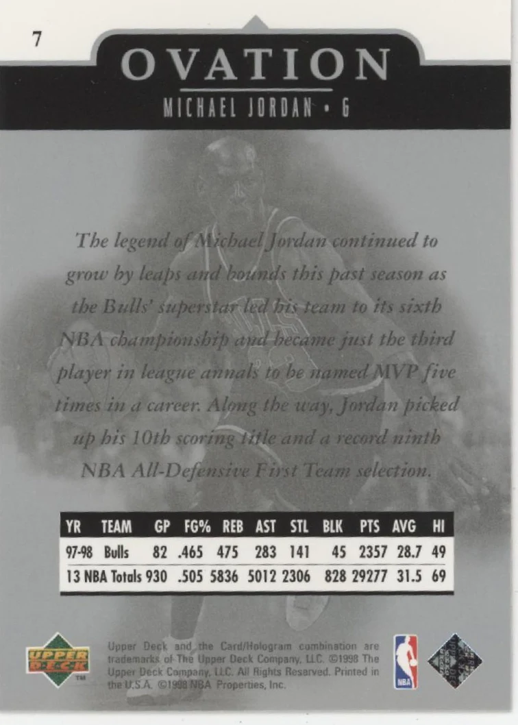 Michael Jordan 1998-99 Upper Deck Ovation #7 - Image 2