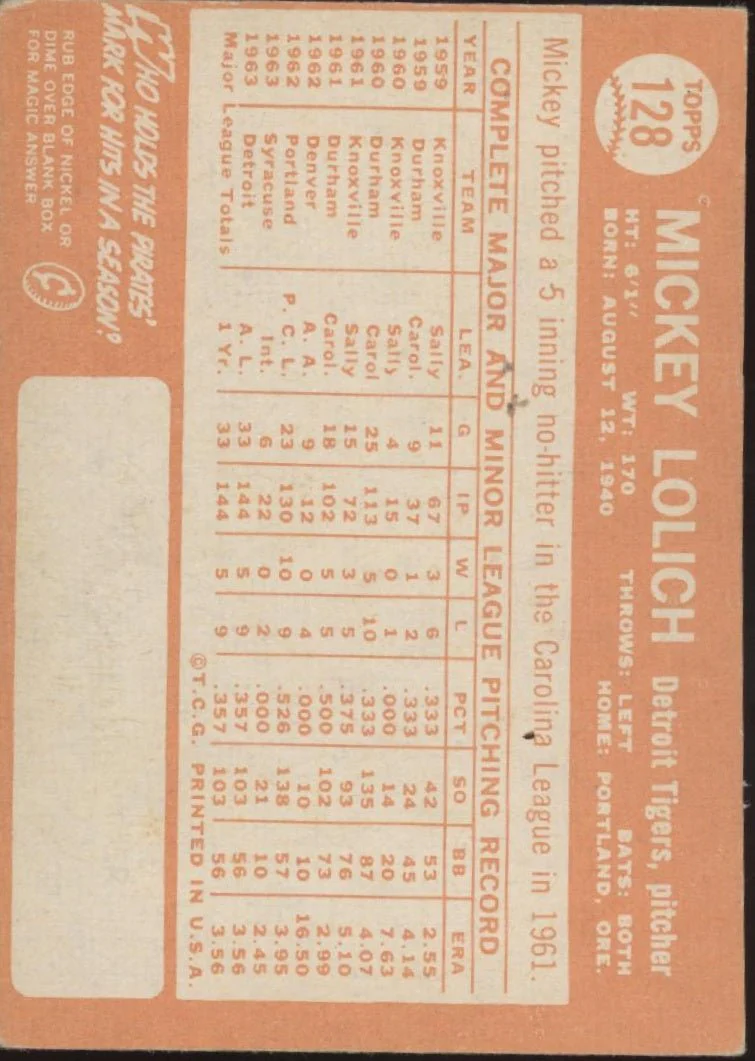 Mickey Lolich 1964 Topps RC #128 Detroit Tigers GD - Image 2