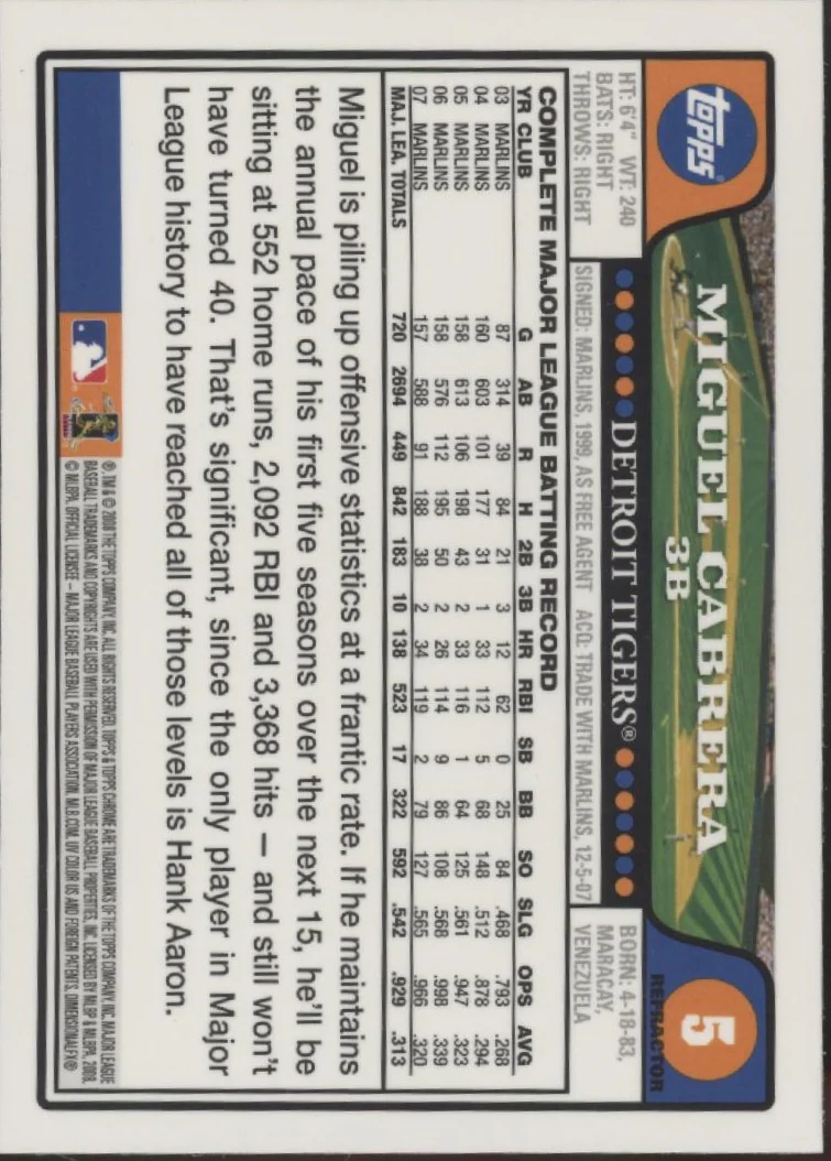 Miguel Cabrera 2008 Topps Chrome Refractor #5 - Image 2