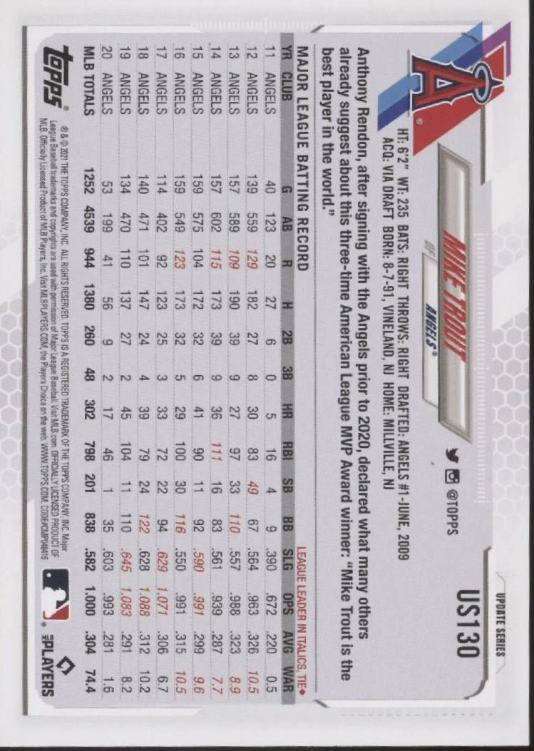 Mike Trout 2021 Topps Update Series 70 SP #US130 - Image 2