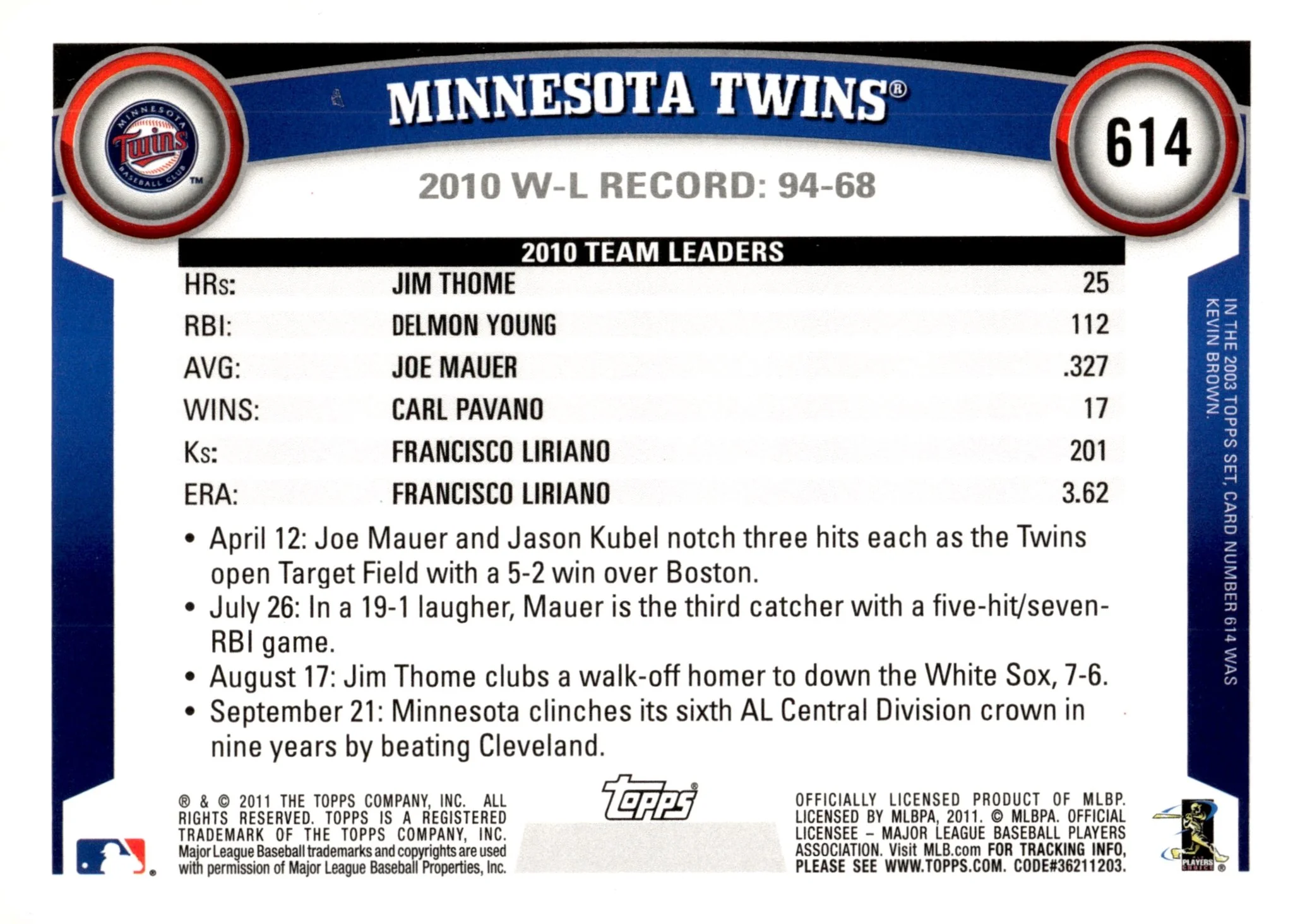 Minnesota Twins 2011 Topps Diamond Anniversary #614 - Image 2