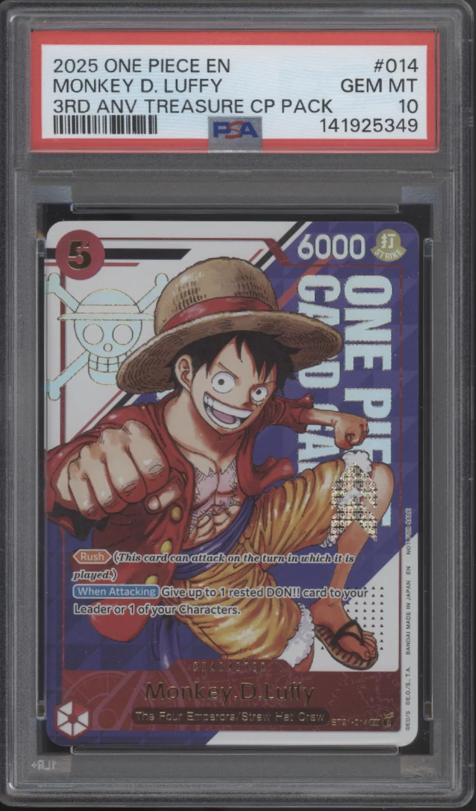 Monkey D Luffy One Piece Card Game 3rd Anniversary Treasure Pack #014 PSA 10