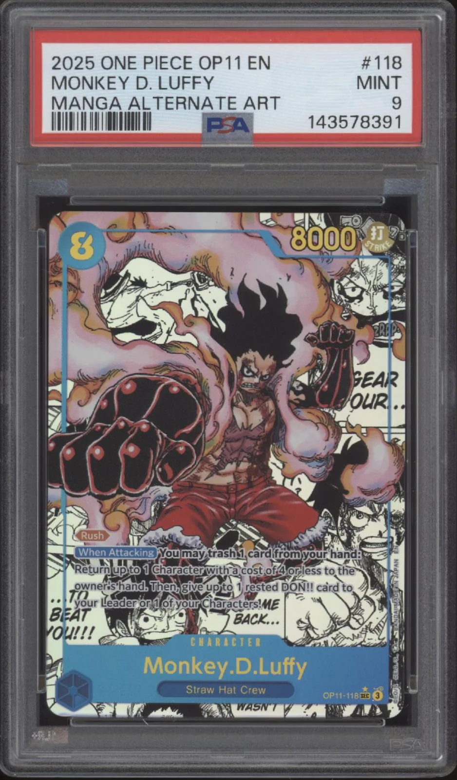 Monkey D Luffy One Piece Card Game OP11 Manga Alternate Art #118 PSA 9