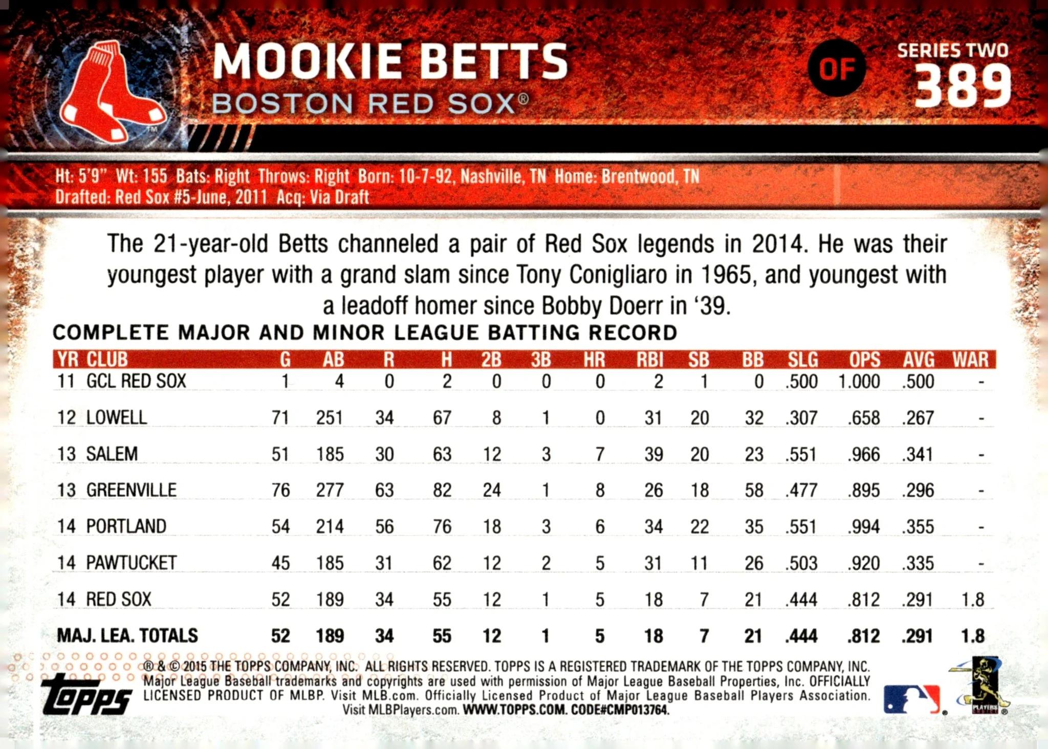 Mookie Betts 2015 Topps Series 2 Future Stars #389 - Image 2