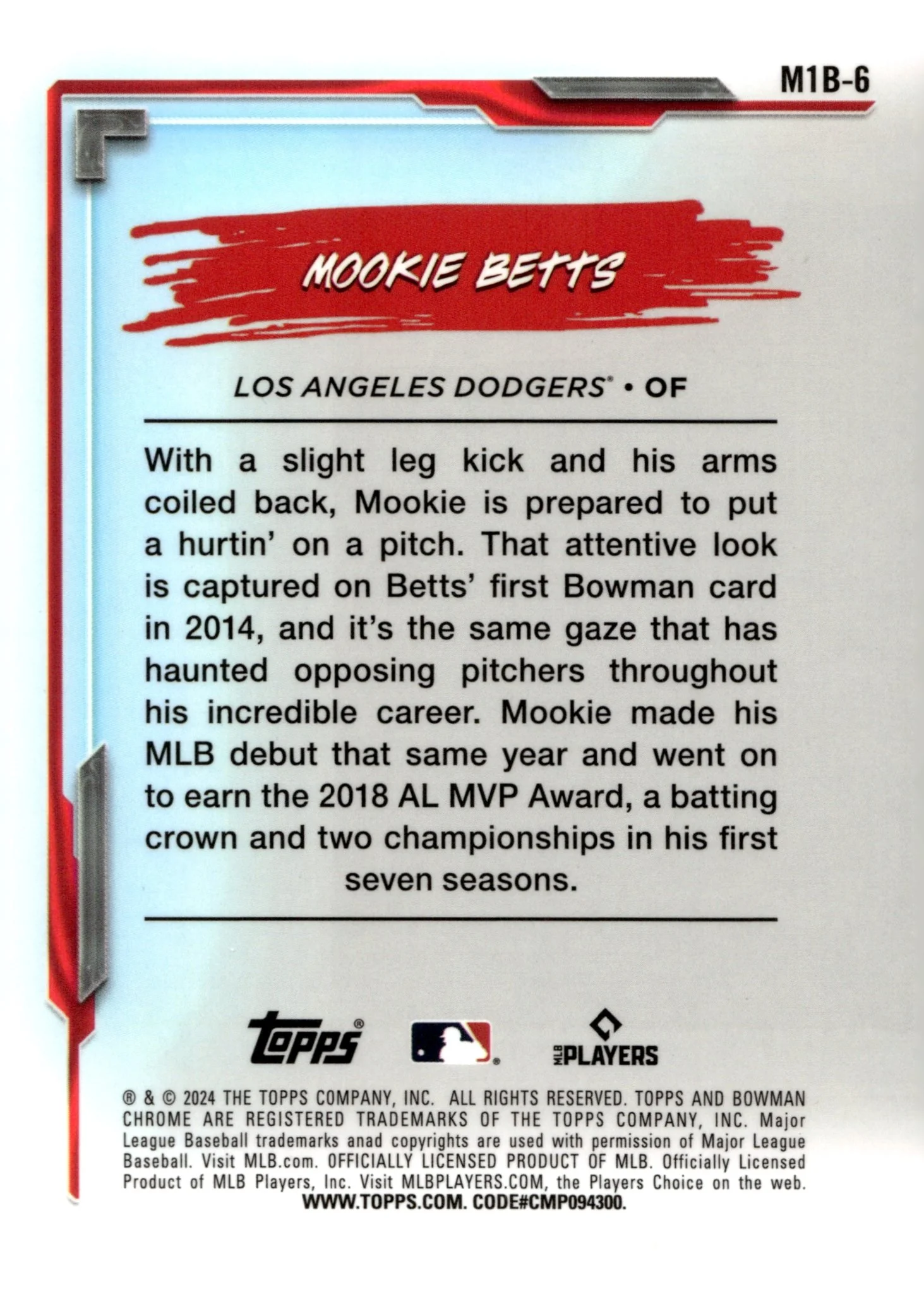 Mookie Betts 2024 Bowman Chrome My 1st Bowman Mojo Refractor #M1B-6 #2 - Image 2