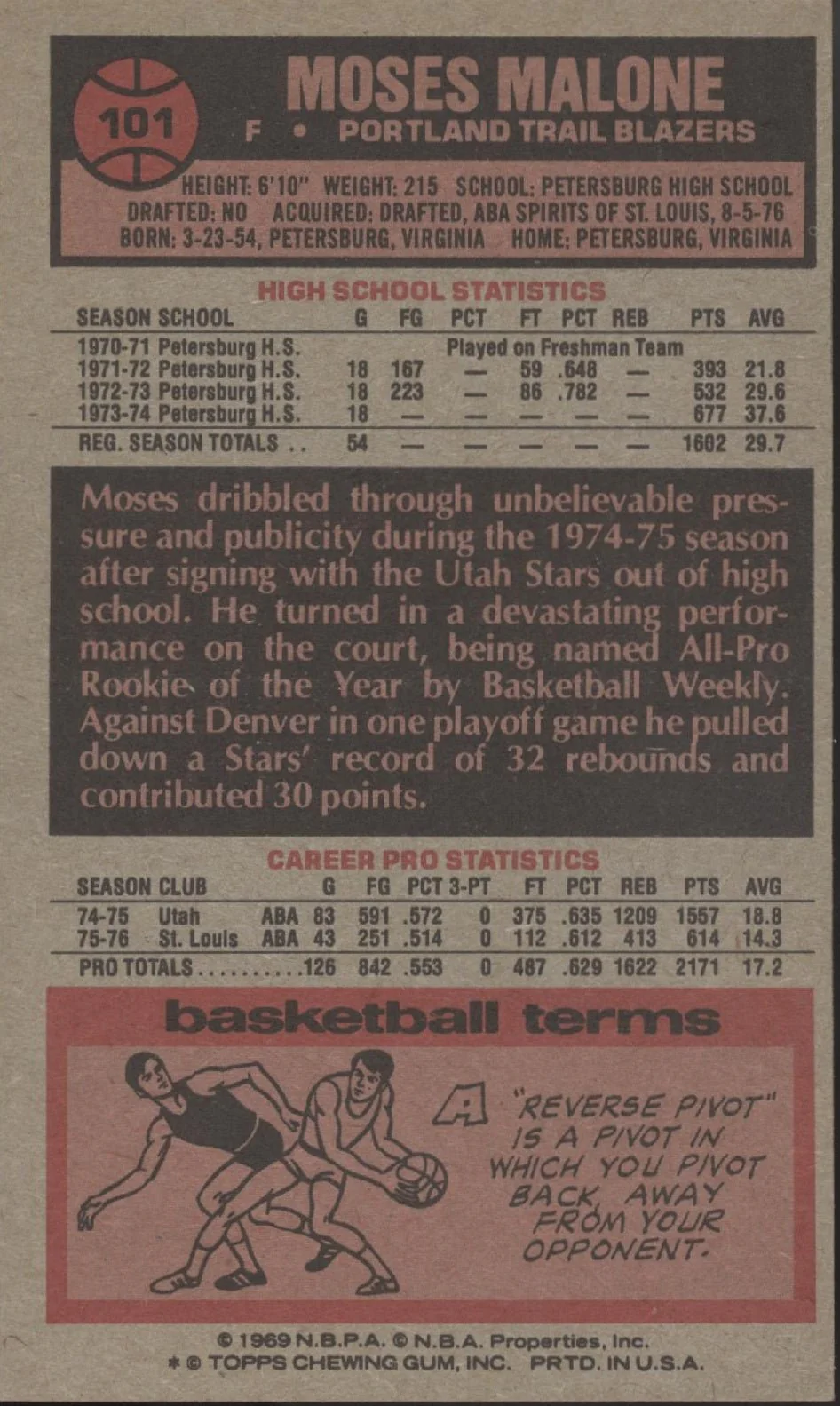 Moses Malone 1976-77 Topps Oversized #101 Portland Trail Blazers EX - Image 2