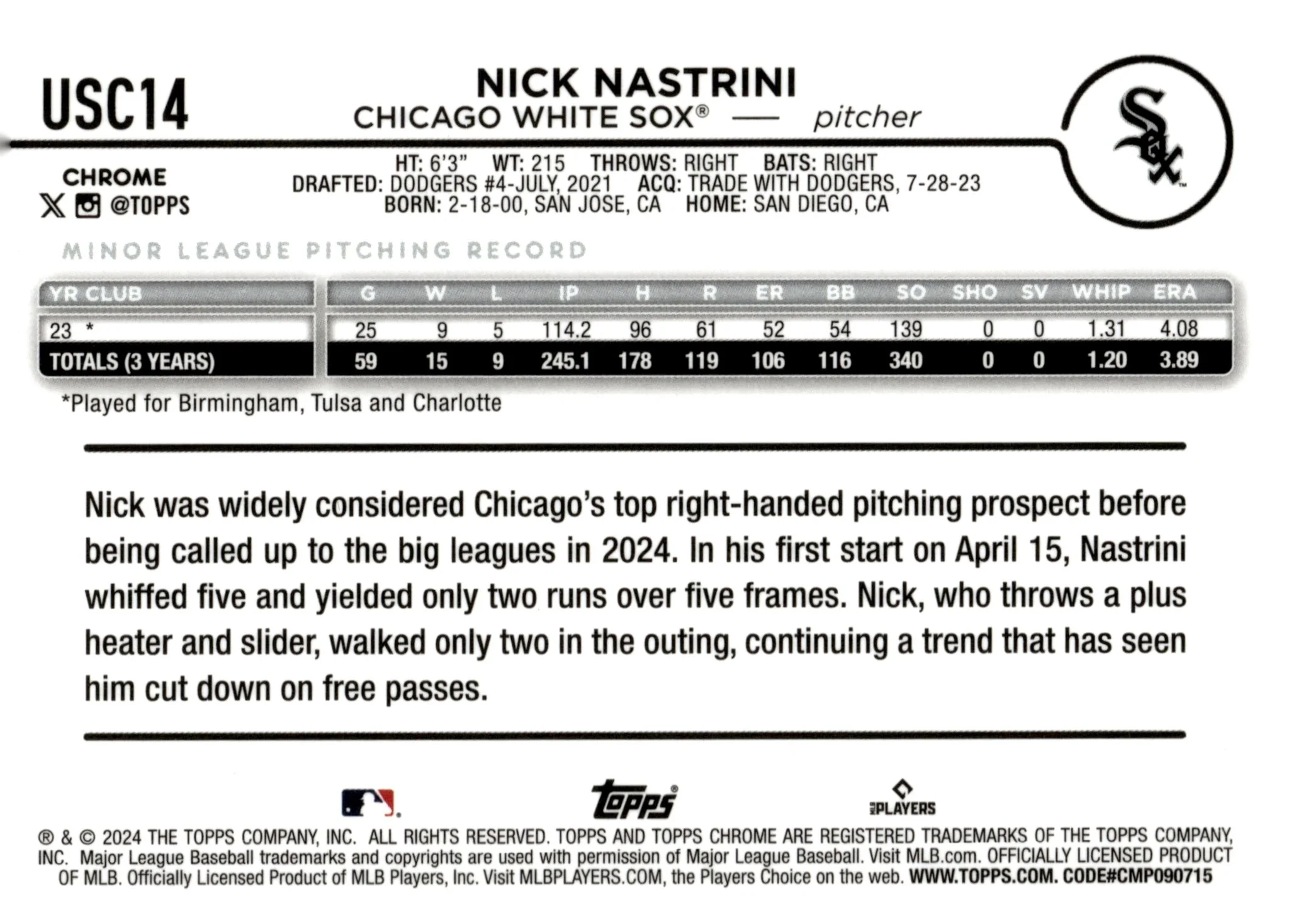 Nick Nastrini 2024 Topps Chrome Green Wave Refractor RC 19/99 #USC14 - Image 2