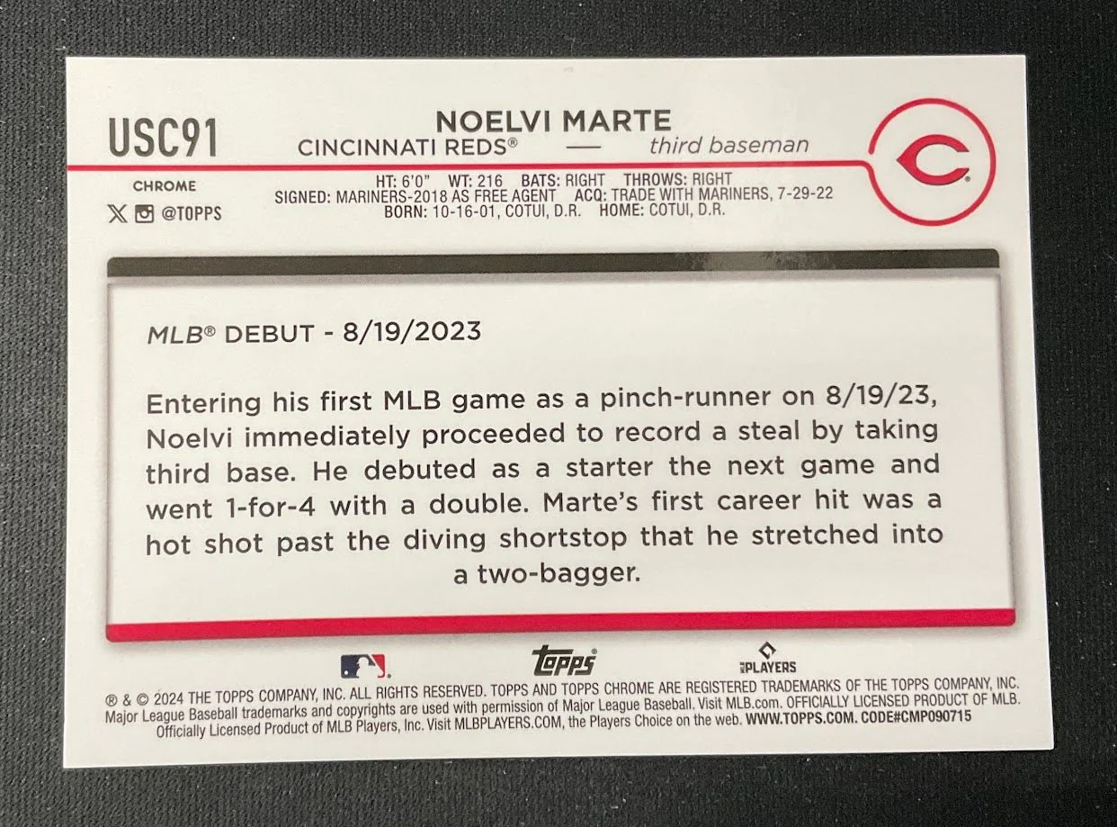 Noelvi Marte 2024 Topps Chrome Update Series Black Refractor RC 08/10 #USC91 - Image 4