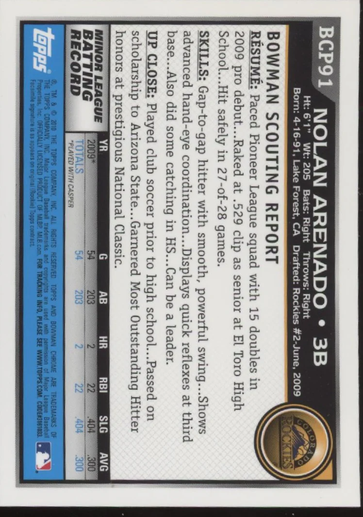 Nolan Arenado 2010 Bowman Chrome #BCP91 - Image 2