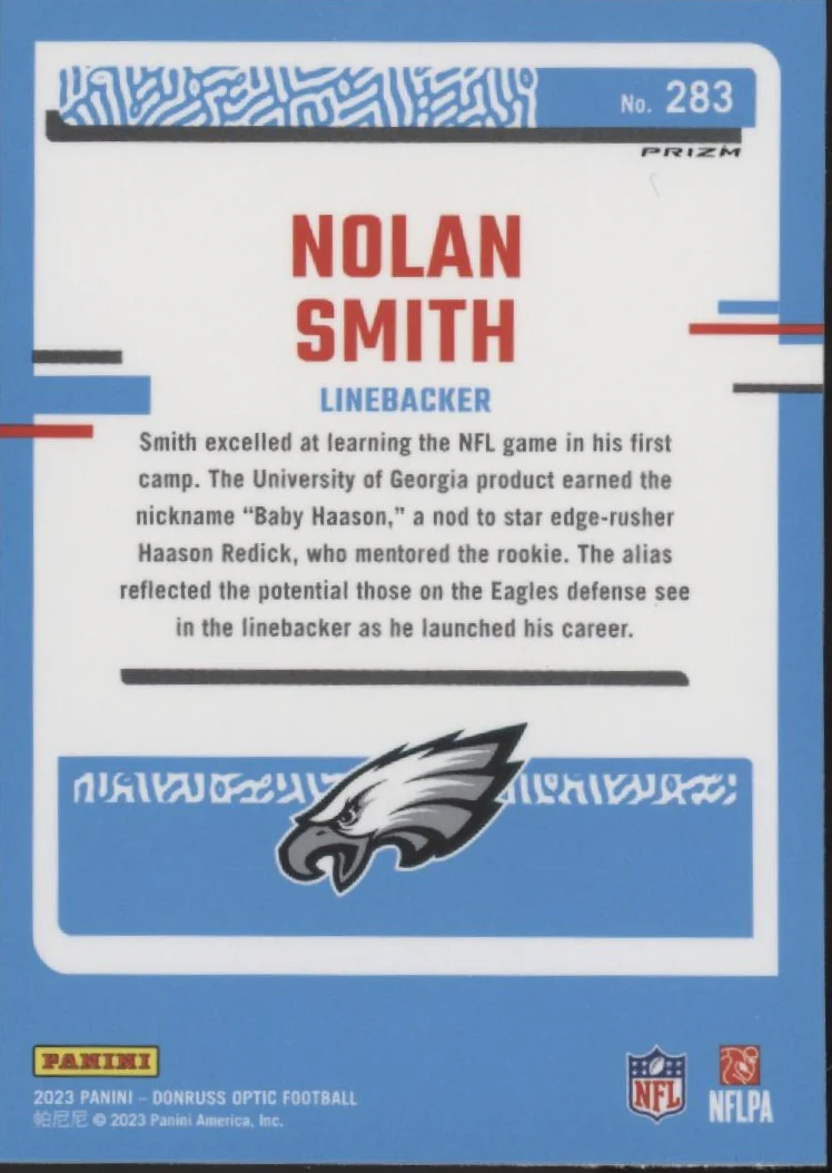 Nolan Smith 2023 Panini Donruss Optic Rated Rookie Blue Sparkle Prizm RC #283 - Image 2