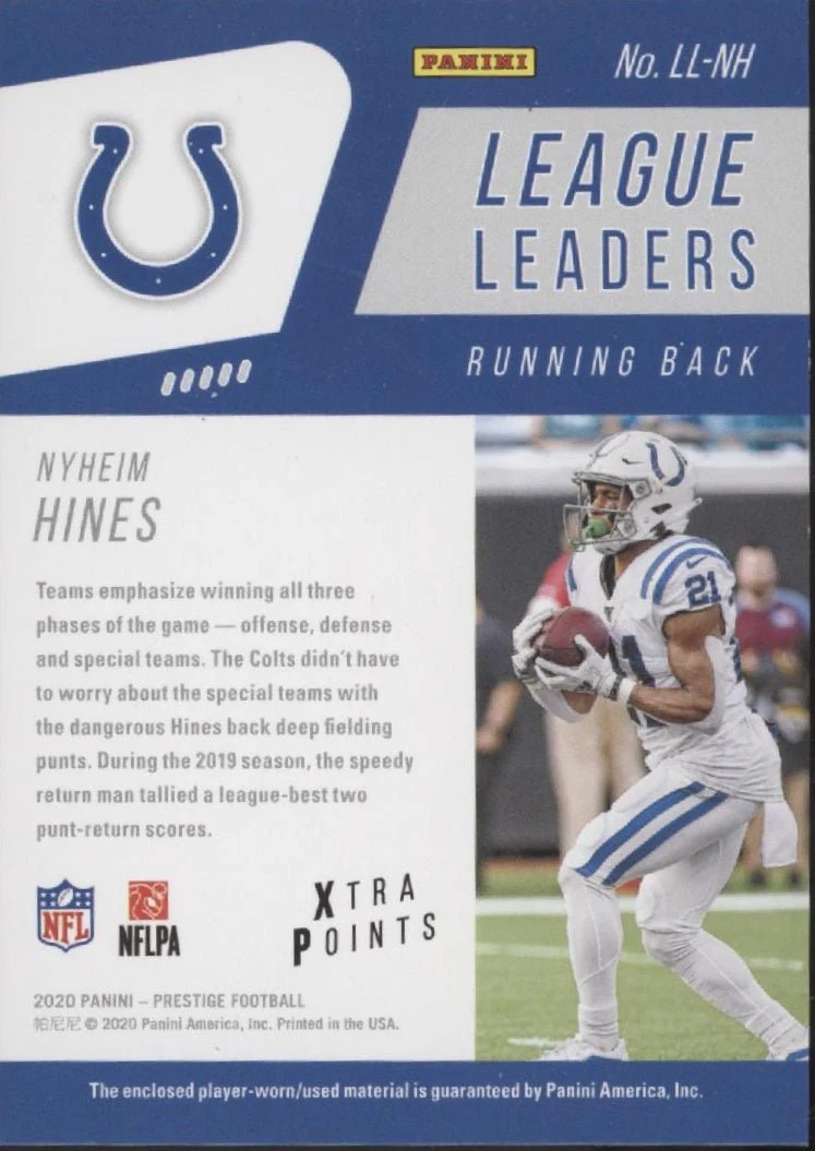 Nyheim Hines 2020 Panini Prestige League Leaders Xtra Points Swatch #LL-NH - Image 2