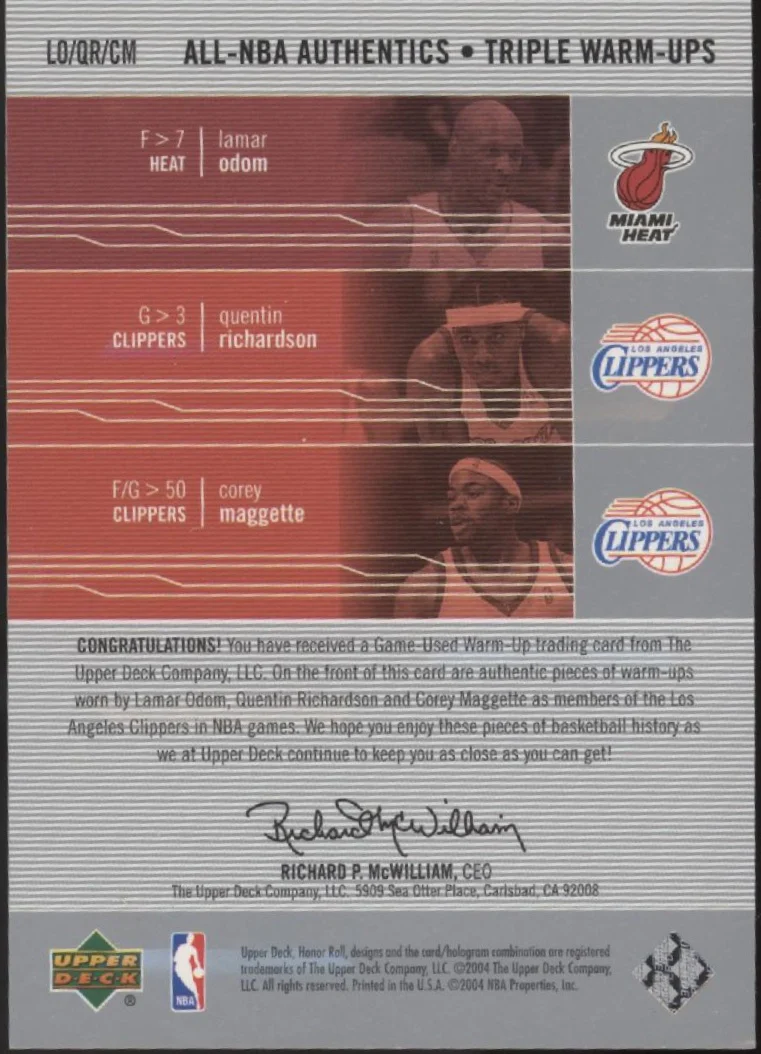 Odom / Richardson / Maggette 2004-05 Upper Deck Triple Warm-Ups Swatches - Image 2