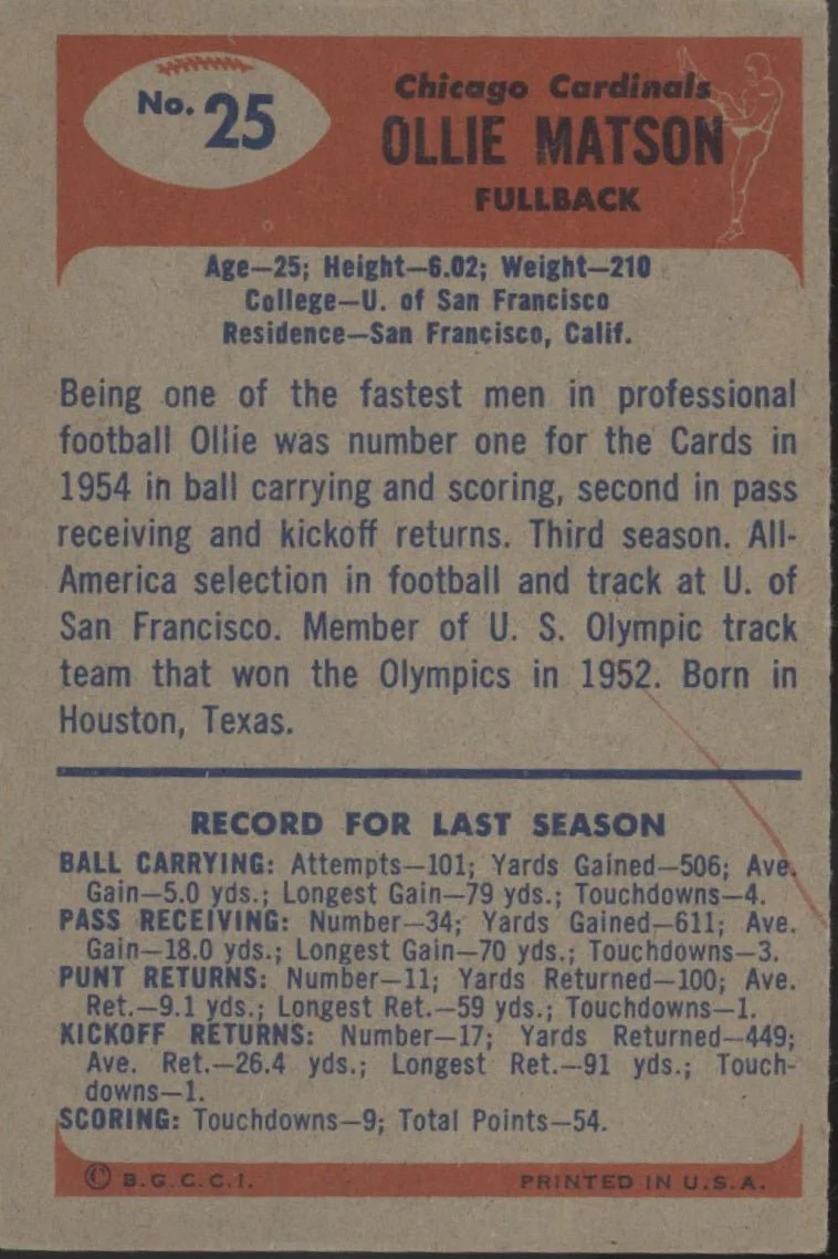 Ollie Matson 1955 Bowman #25 Chicago Cardinals EX - Image 2