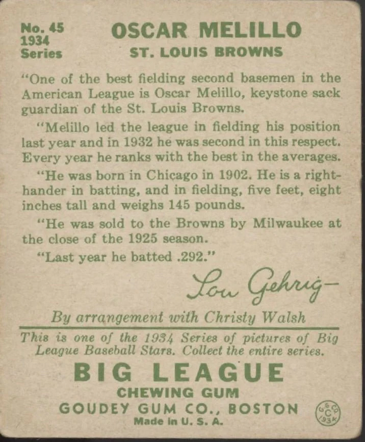 Oscar Melillo 1934 Goudey RC #45 St. Louis Browns VG - Image 2