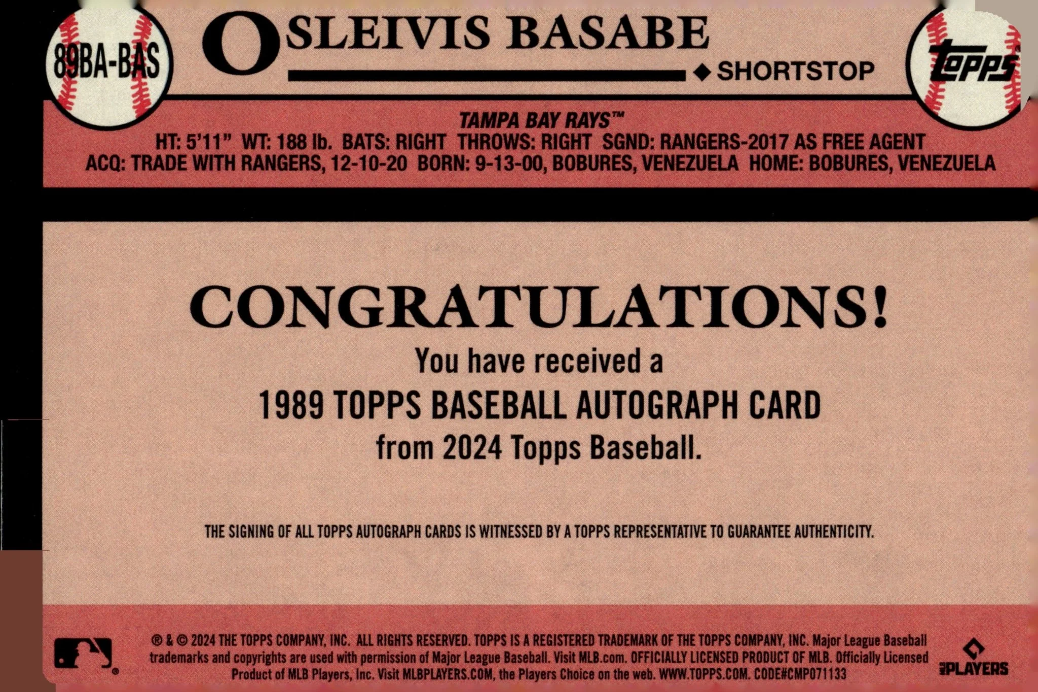 Osleivis Basabe 2024 Topps '89 RC Auto #89BA-BAS - Image 2