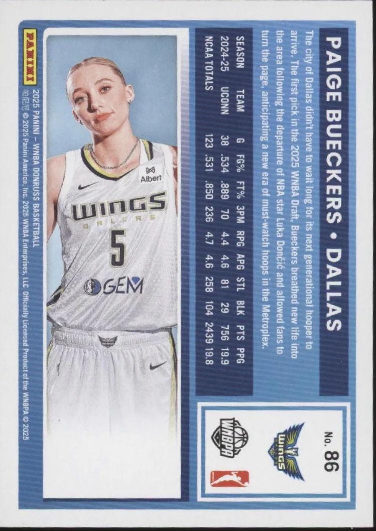 Paige Bueckers 2025 Panini WNBA Donruss Rated Rookie RC #86 - Image 2