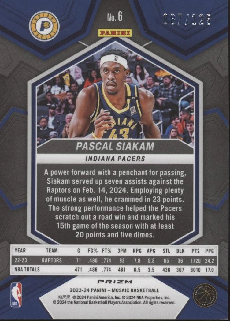 Pascal Siakam 2023-24 Panini Mosaic Blue Ice Prizm 087/125 #6 - Image 2