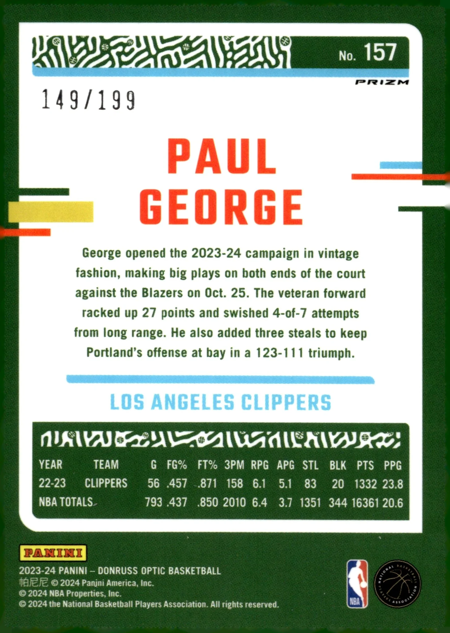 Paul George 2023-24 Panini Donruss Optic Orange Prizm 149/199 #157 - Image 2