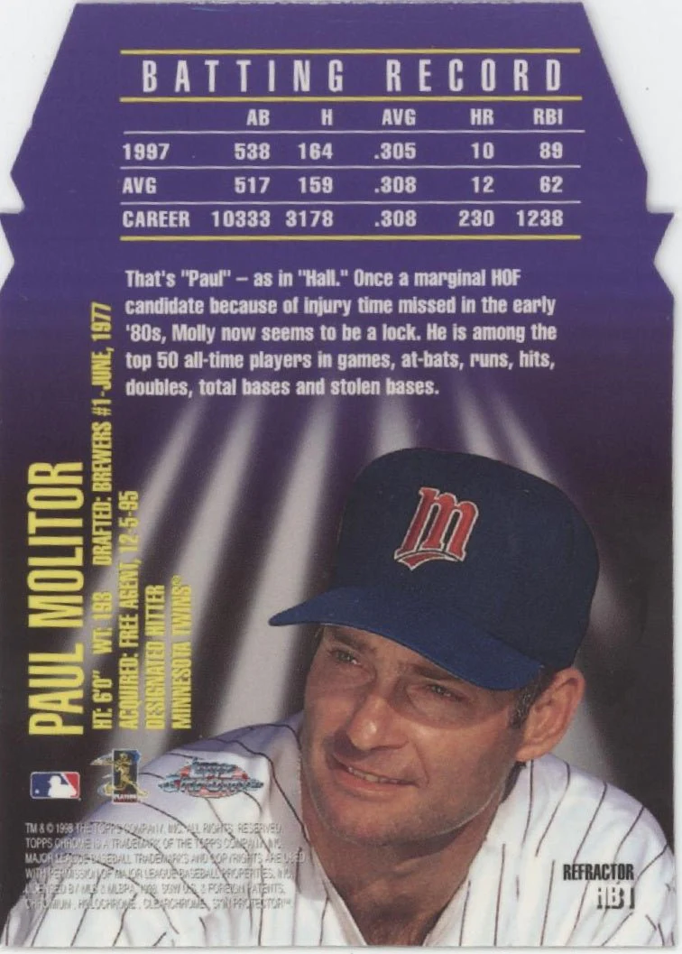 Paul Molitor 1998 Topps Chrome Hall Bound Die-Cut Refractor #HB1 #1 - Image 2