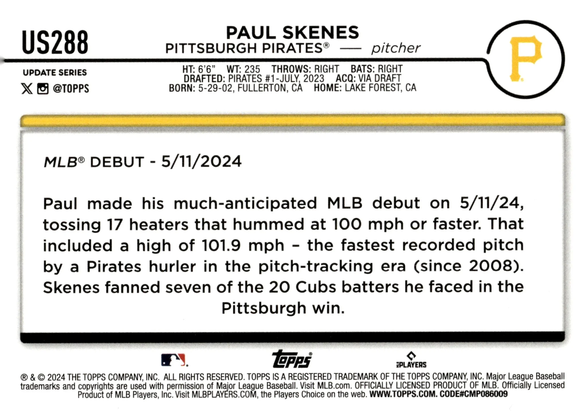 Paul Skenes 2024 Topps Update Series RC #US288 #2 - Image 2