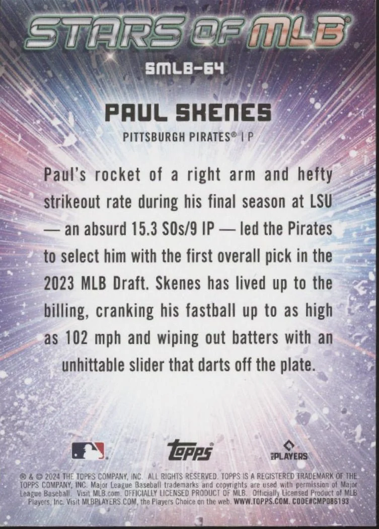 Paul Skenes 2024 Topps Update Series Stars of MLB Foil RC #SMLB-64 #1 - Image 2