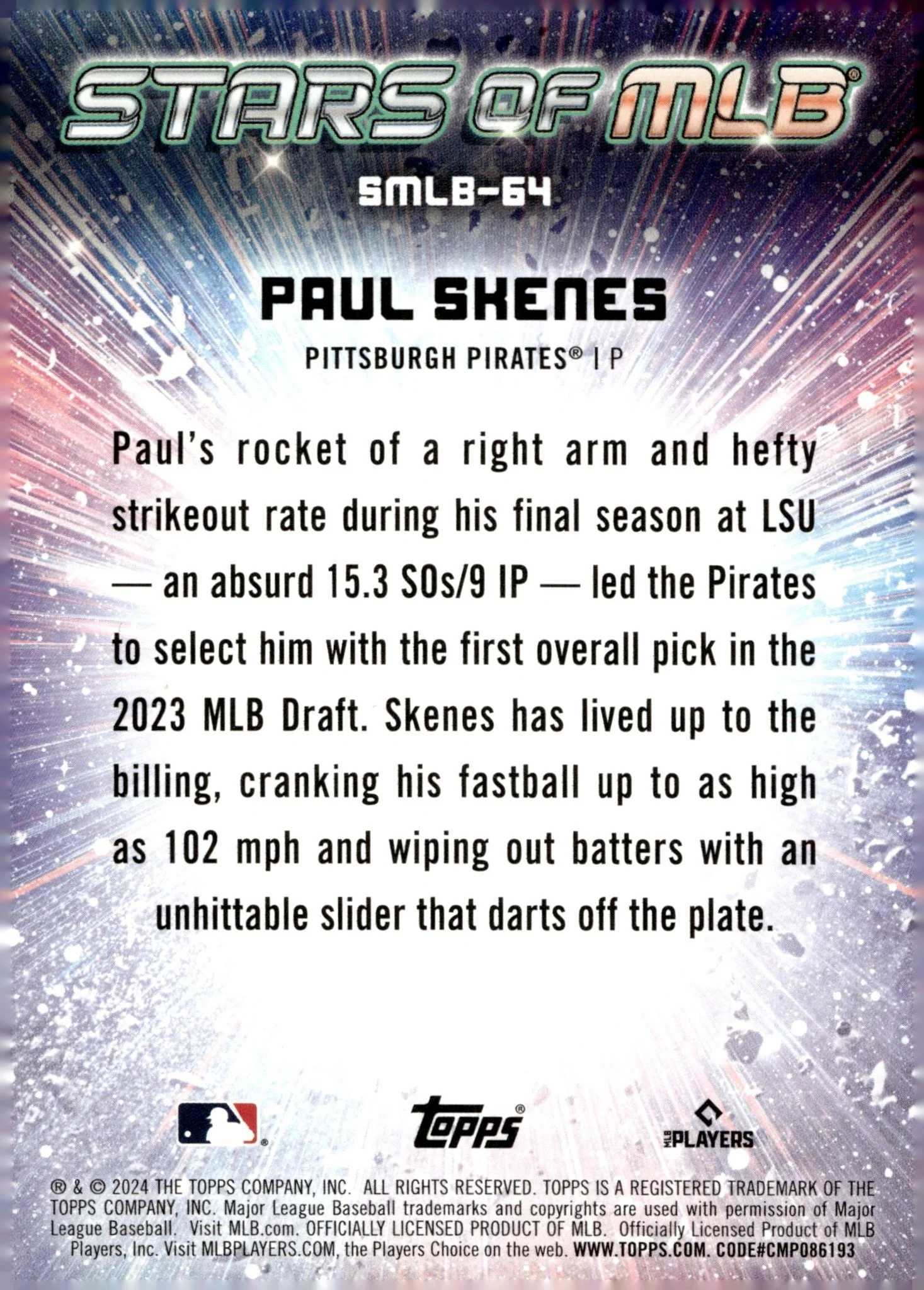 Paul Skenes 2024 Topps Update Series Stars of MLB Foil RC #SMLB-64 #6 - Image 2