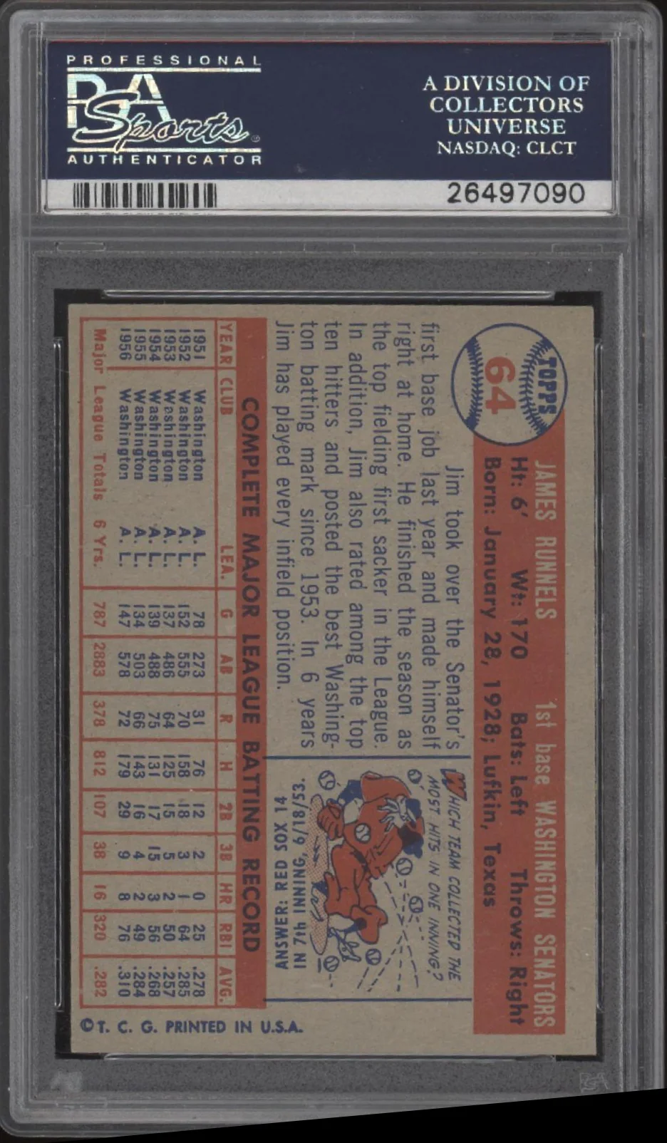 Pete Runnels 1957 Topps #64 PSA 7 - Image 2