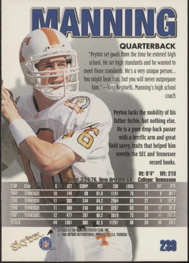 Peyton Manning 1998 Skybox Thunder RC #239 - Image 2