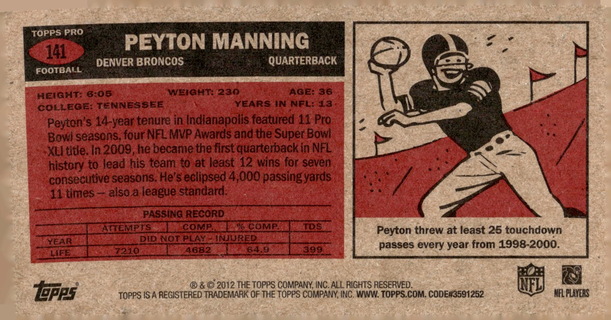 Peyton Manning 2012 Topps 1965 Mini #141 - Image 2
