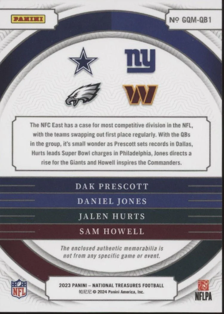 Prescott / Jones / Hurts / Howell 2023 Panini National Treasures Gear 31/99 - Image 2