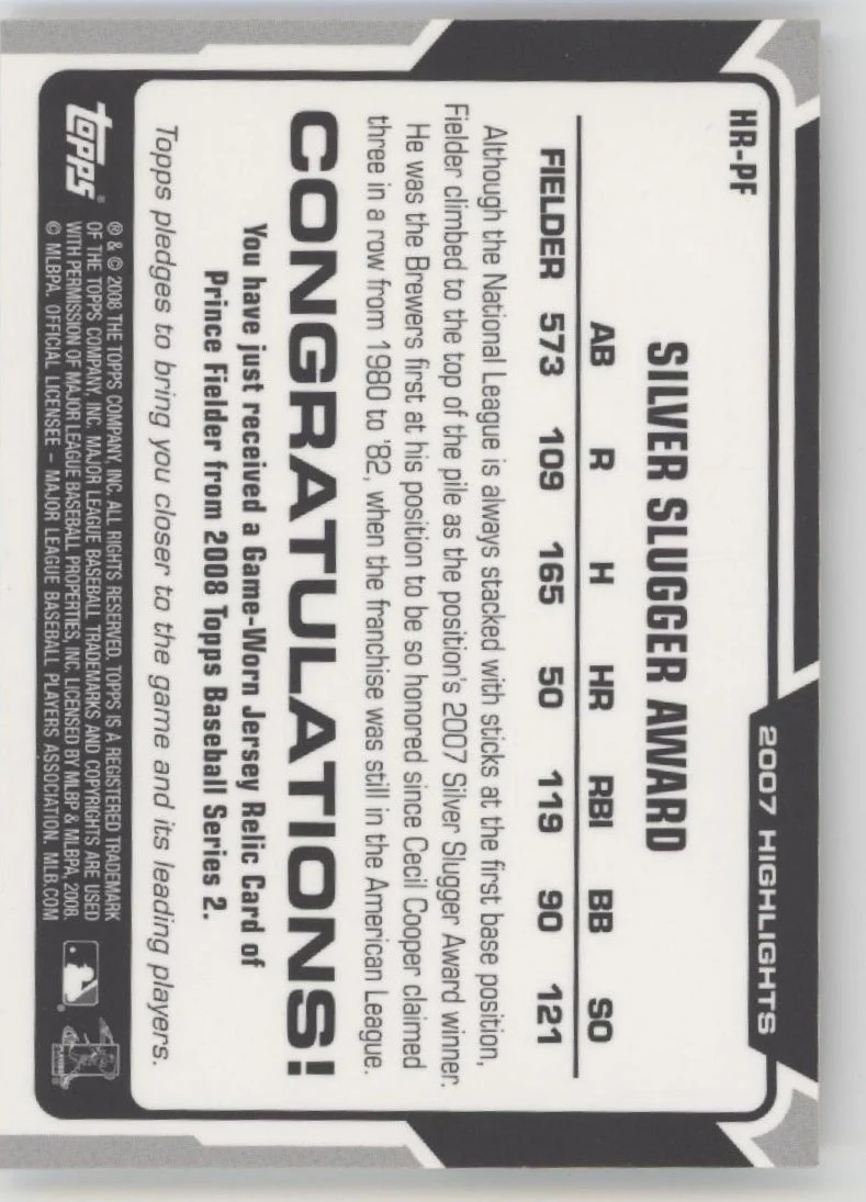 Prince Fielder 2008 Topps Highlights Silver Slugger Award Swatch #HR-PF - Image 2