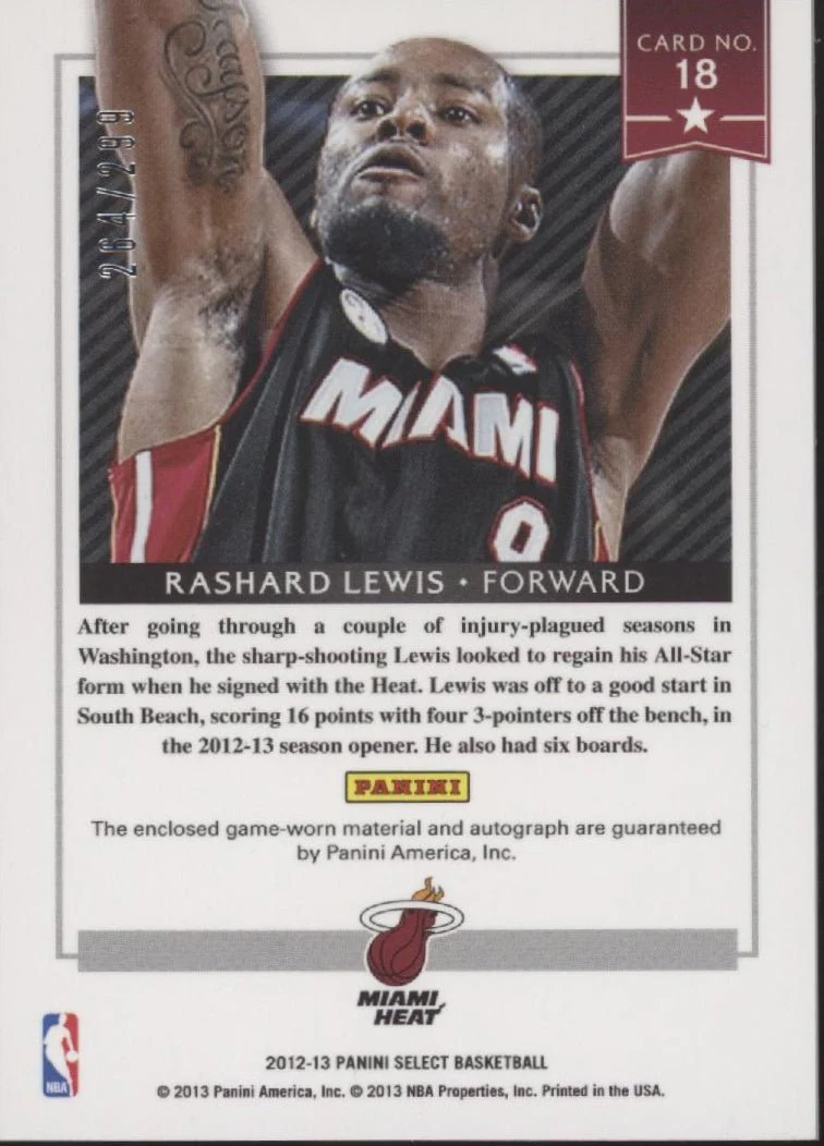 Rashard Lewis 2012-13 Panini Select Stars Swatch Auto 264/299 #18 - Image 2