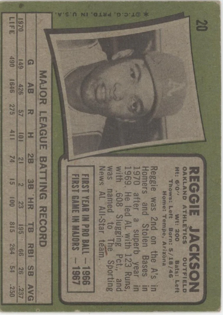 Reggie Jackson 1971 Topps #20 Oakland Athletics VG - Image 2