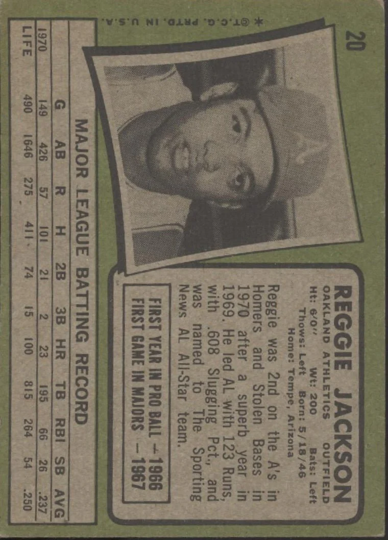 Reggie Jackson 1971 Topps #20 Oakland Athletics VG-EX - Image 2