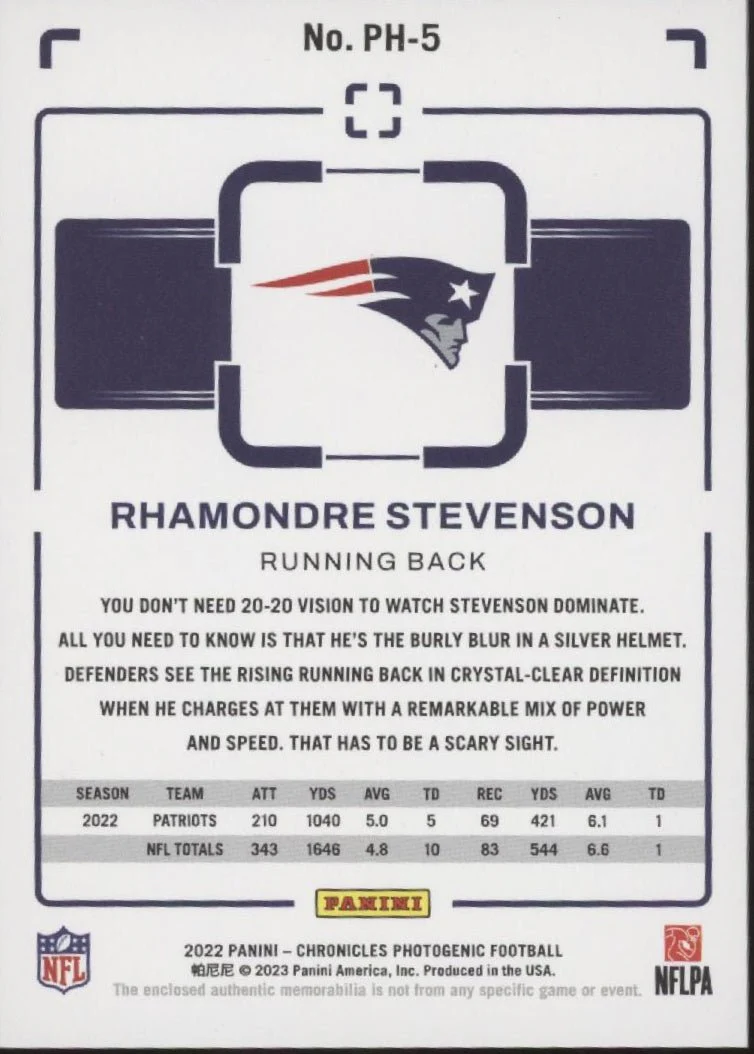 Rhamondre Stevenson 2022 Panini Chronicles Photogenic Swatch 016/199 #PH-5 - Image 2