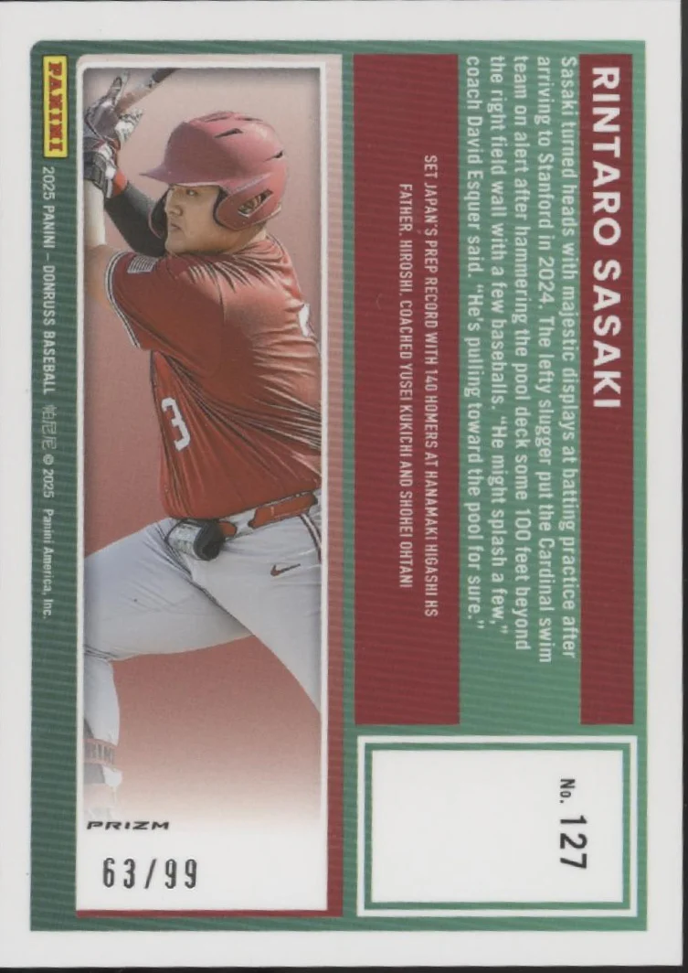 Rintaro Sasaki 2025 Panini Donruss Rated Prospect Red Prizm 63/99 #127 - Image 2