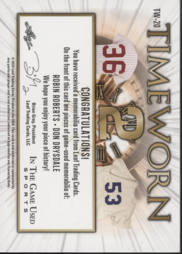 Robin Roberts / Don Drysdale 2022 Leaf In the Game Used Timeworn Swatches 2/2 - Image 2