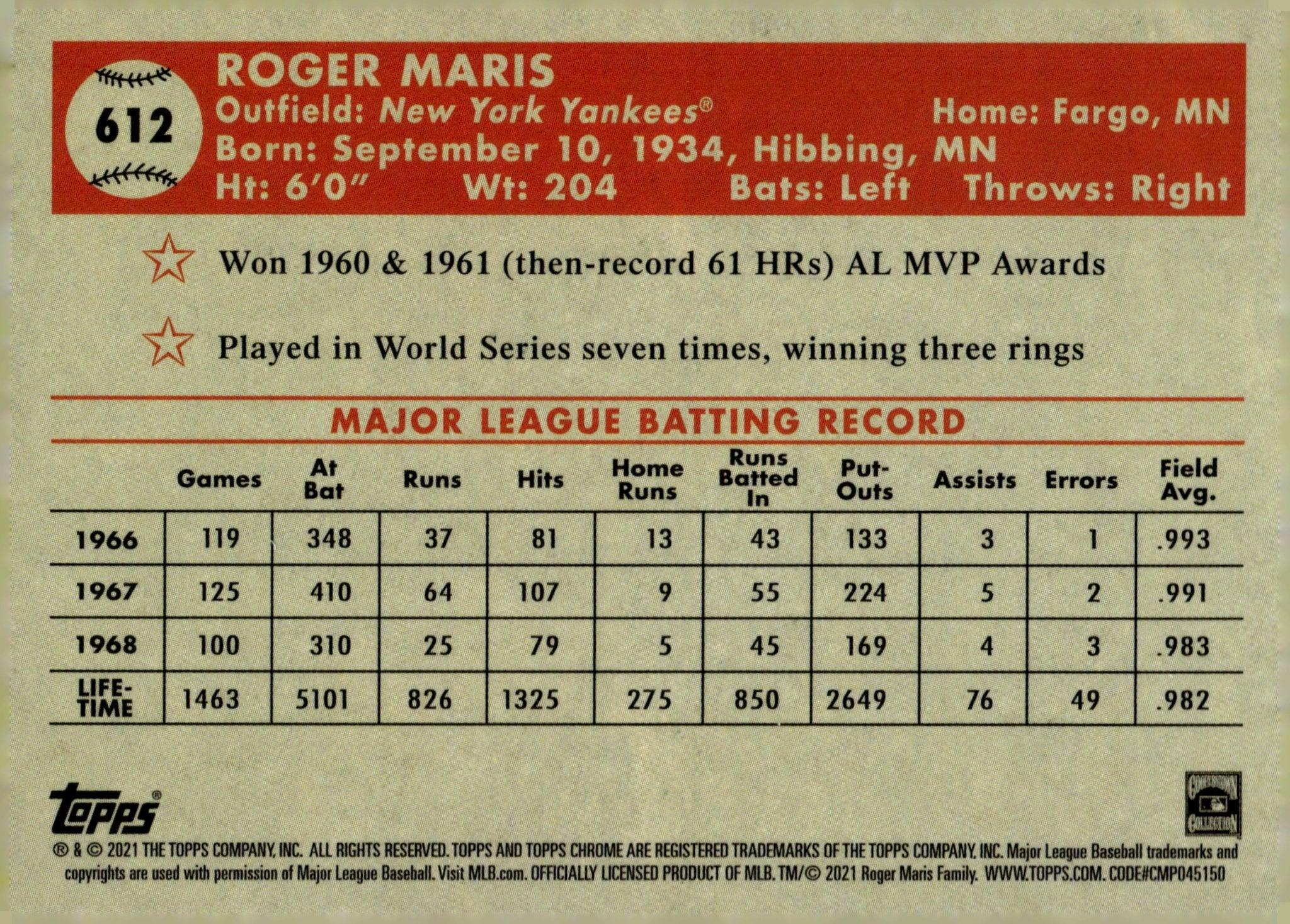 Roger Maris 2021 Topps Platinum Blue Hyper Refractor #612 - Image 2