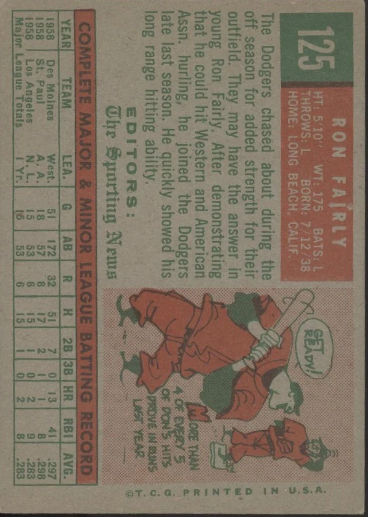 Ron Fairly 1959 Topps Sporting News RC #125 Los Angeles Dodgers VG-EX - Image 2