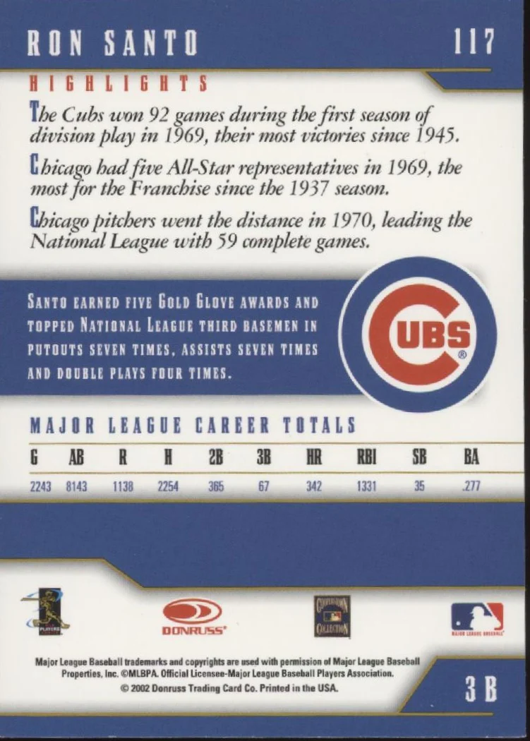Ron Santo 2002 Donruss Team Heroes Auto 23/25 #117 - Image 2