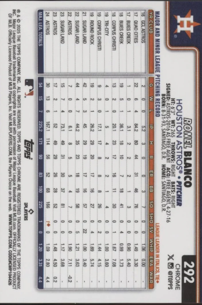 Ronel Blanco 2025 Topps Chrome Black Logo Refractor 08/10 #292 - Image 2