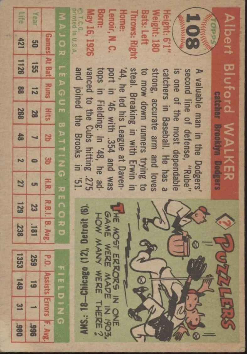 Rube Walker 1955 Topps #108 Brooklyn Dodgers VG-EX - Image 2