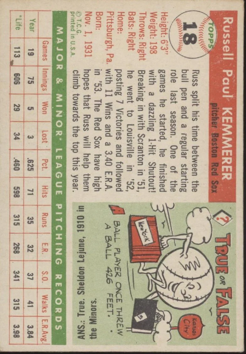 Russ Kemmerer 1955 Topps #18 Boston Red Sox VG - Image 2