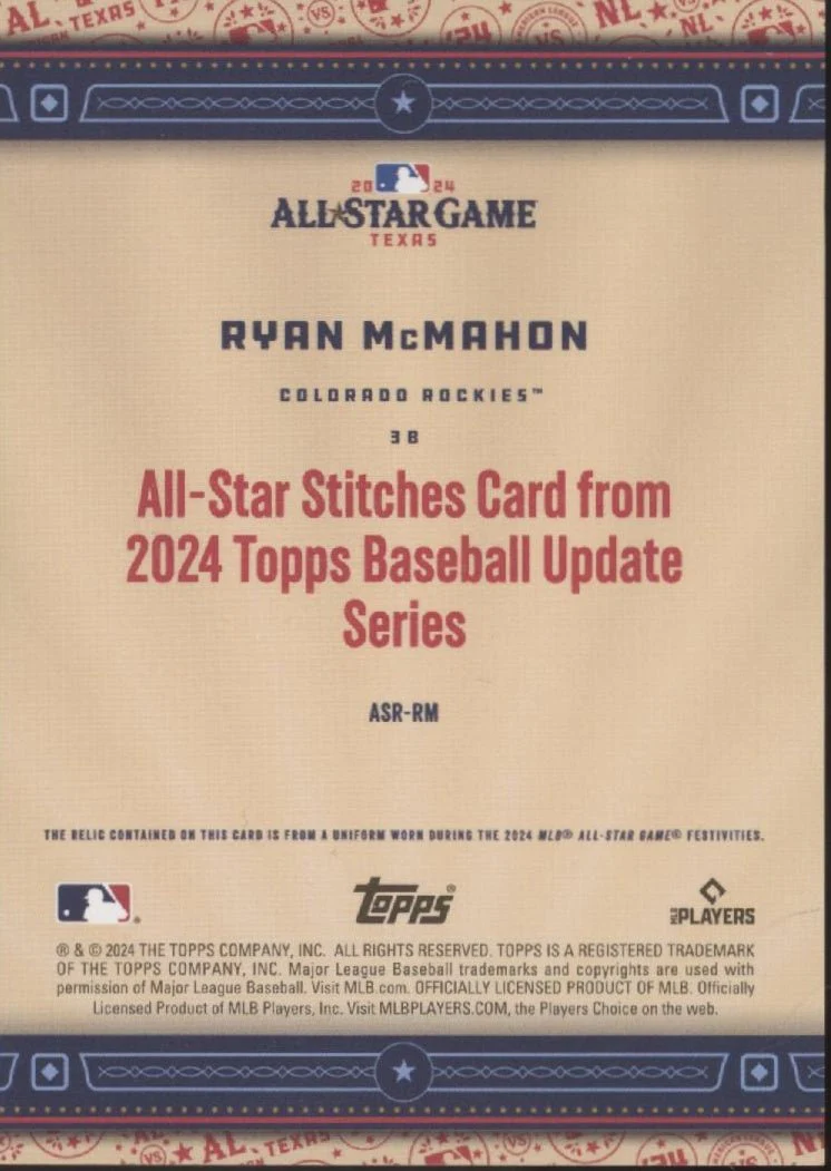Ryan McMahon 2024 Topps Update Series All Star Stiches Swatch #ASR-RM - Image 2