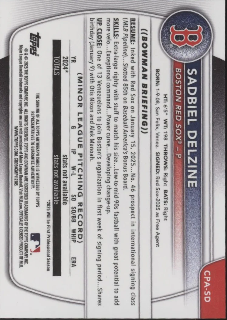 Sadbiel Delzine 2025 Bowman Chrome Prospects Auto #CPA-SD - Image 2