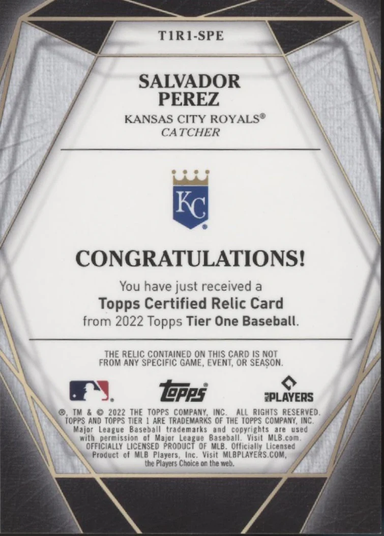 Salvador Perez 2022 Topps Tier One Swatch 237/249 #T1R1-SPE - Image 2