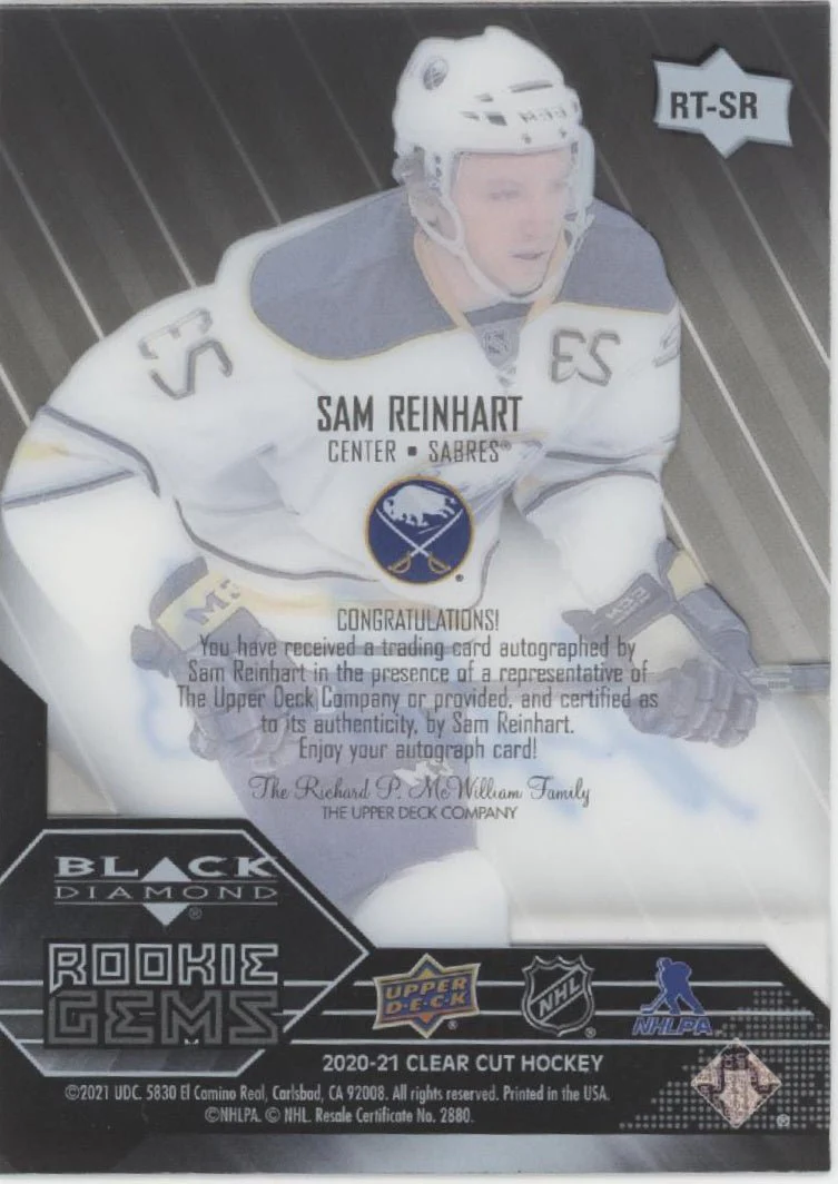 Sam Reinhart 2020-21 Upper Deck Clear Cut Rookie Gems RC Auto #RT-SR - Image 2